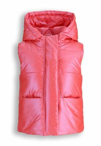 Koraliowa kamizelka z kapturem, wyróżniająca się gładką, błyszczącą fakturą, przednim zapięciem na zamek oraz dwoma dużymi kieszeniami.