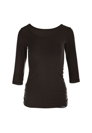 Brown, lightweight long-sleeve shirt with a scoop neck and gathered side detailing. Made of soft, stretchable fabric for comfort.