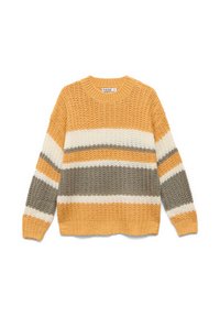 Suéter de punto con rayas amarillas, blancas y grises. Cuello redondo, mangas largas y tejido texturizado con dobladillo acanalado.