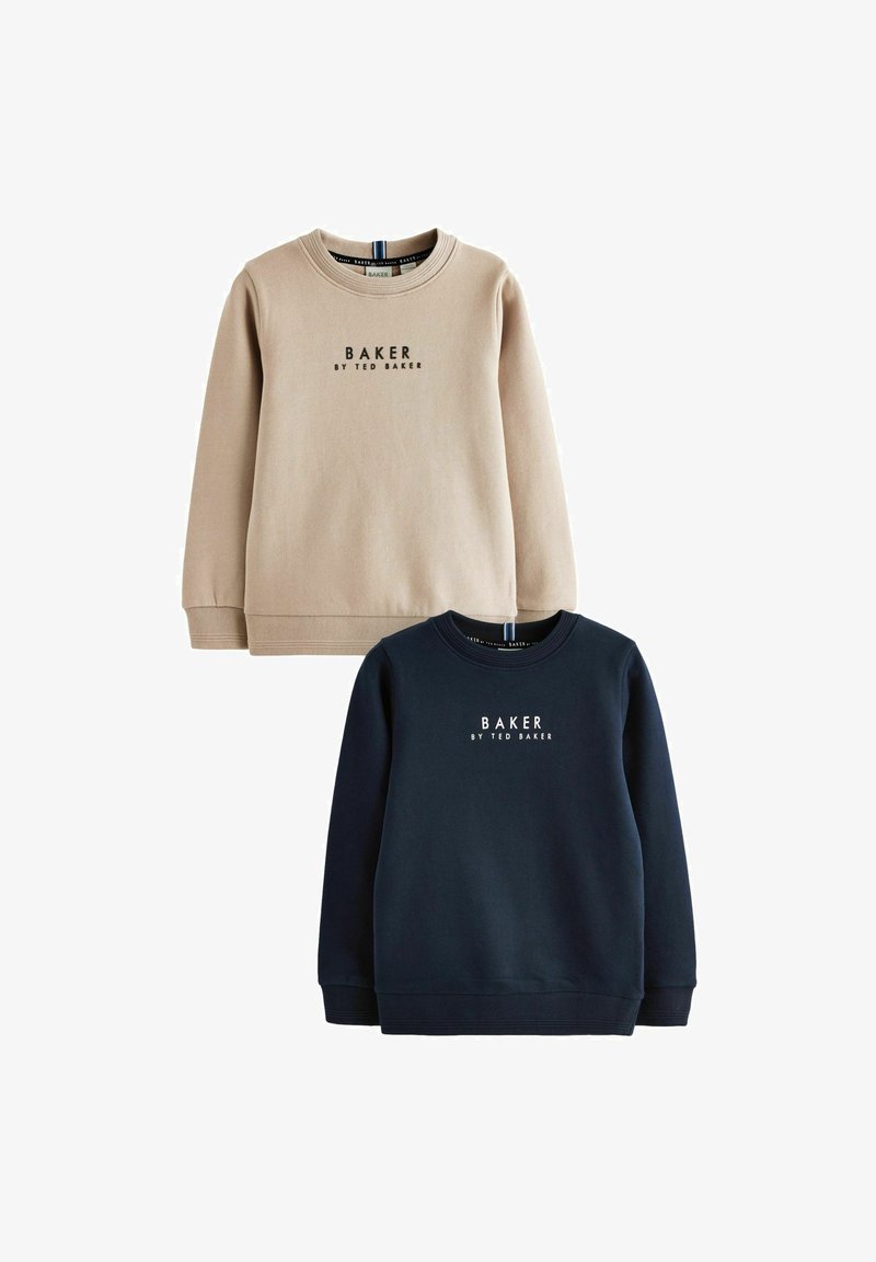 Zwei Sweatshirts: eines in Beige, das andere in Marineblau. Beide haben einen Rundhalsausschnitt, lange Ärmel und ein zentrales, weiß bedrucktes Logo. Strukturierter Stoff.