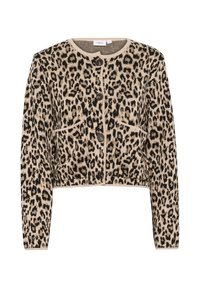Beige ir juodos leopardų rašto švarkas, su apvaliu iškirpimu, dviem priekinėmis kišenėmis ir sagų uždarymu. Minkšta trikotažo tekstūra.