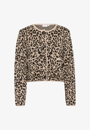 Cardigan cropped in stampa leopardo beige e nero, con scollatura rotonda, due tasche frontali e chiusura con bottoni. Tessuto a maglia morbido.