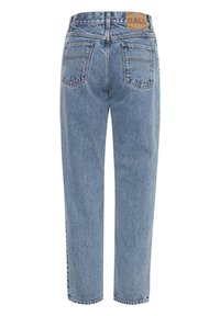 Lichtblauwe spijkerbroek van denim, hoog in de taille met een rechte pijp, voorzien van twee achterzakken en een merknaam tan lederen patch in de taille.