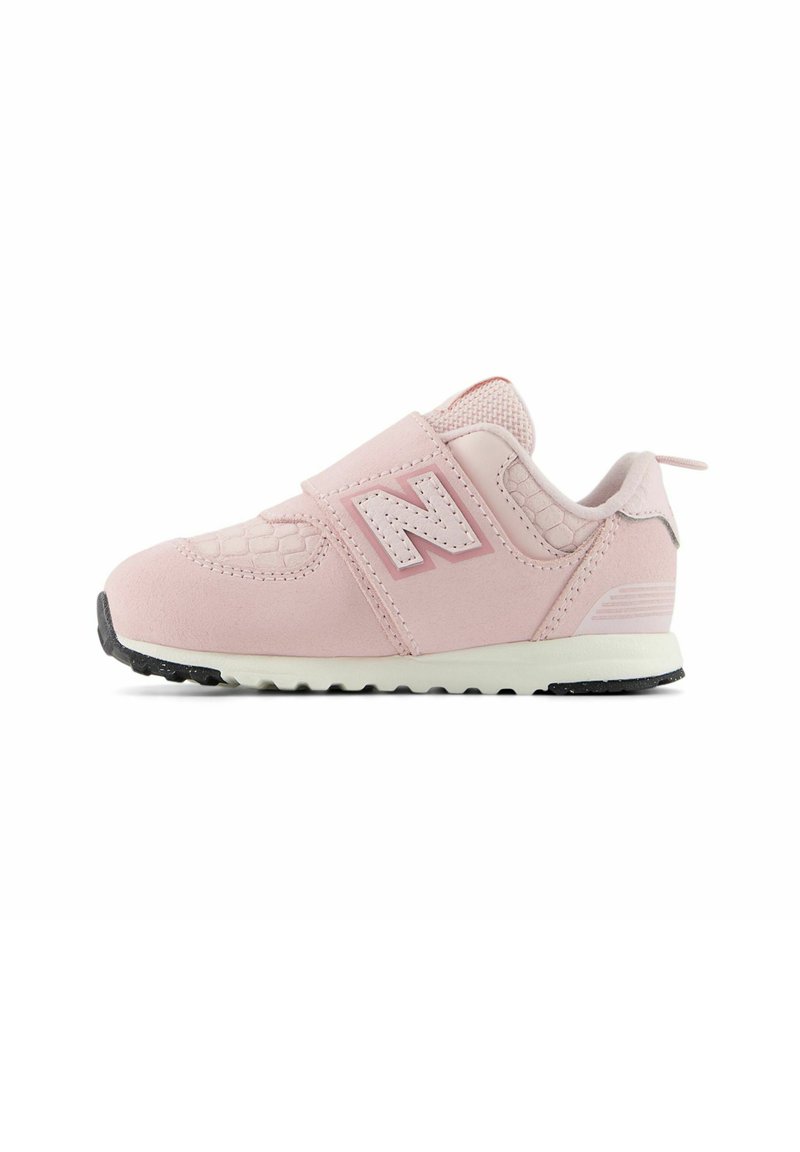Pink toddler sneakers with a synthetic upper, textured detailing, Velcro strap, and a white sole with black traction.