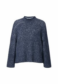 Marineblauer Rippstrickpullover mit hohem Kragen, weiten Ärmeln und lässiger Passform. Die Struktur ist weich mit einem Hauch von Glanz.
