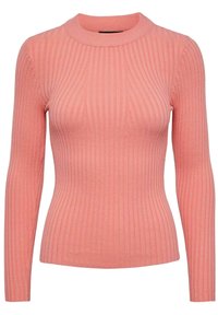 Langärmliges, geripptes Strickoberteil in sanftem Pink. Verfügt über einen hohen Halsausschnitt und eine figurbetonte Passform. Der Stoff hat eine glatte Textur mit leichtem Glanz.