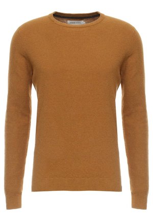 Mustard yellow sweater with a crew neck, long sleeves, and a textured knit pattern. Ribbed cuffs and hem, made from soft fabric.