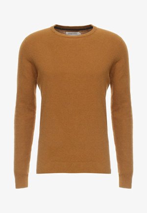 Garstyčių geltonos spalvos megztinis su apvalia iškirpte, ilgomis rankovėmis ir tekstūruotu mezgimo raštu. Raukšlėti rankogaliai ir apvadas, pagamintas iš švelnios medžiagos.