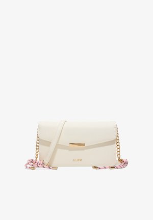 Cream rectangular crossbody bag with gold clasp, gold chain, and pink rope strap details, embossed with brand logo ALDO.