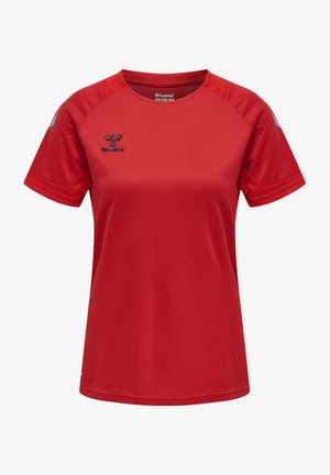 Rode sportieve shirt met korte mouwen, gemaakt van ademend materiaal. Bevat gaaspanelen op de schouders en een zwart logo op de borst.