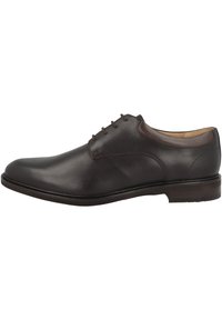 Bruine leren dresshoe met een gladde afwerking, ronde neus, vijf oogjes voor de veters en een lage, eenvoudige hak. Geen extra accenten of patronen.