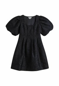 Svart klänning med puffärmar, med en texturerad blommönstrad design. Fyrkantig halsringning och veckdetaljer fram. Korthornad.