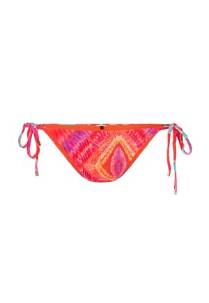 Bikini kalhotky v živých barvách s růžovo-oranžovým tie-dye vzorem. Obsahují nastavitelné boční tkaničky se zlatými akcenty a hladkou texturu.