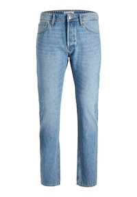 Jeans de mezclilla azul claro con un diseño de pierna recta, estilo de cinco bolsillos y cierre con botón en la parte superior. Textura desgastada con un leve desgaste.
