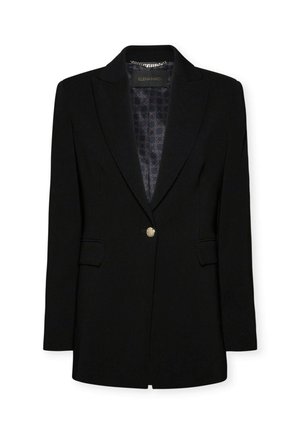 Blazer nero a un bottone con rever a scollatura, due tasche anteriori con pattina e un rivestimento interno a fantasia.