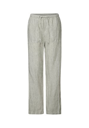 Pantalons en lin mélangé léger à rayures, avec une taille élastique et un cordon de serrage. Poches latérales et design à jambes larges dans des teintes vertes et blanches discrètes.
