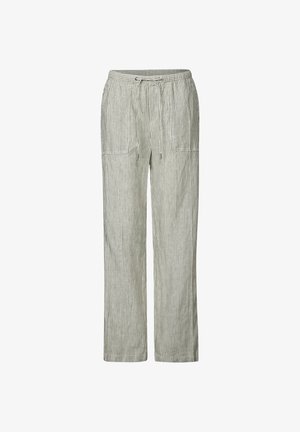 Pantalons en lin mélangé léger à rayures, avec une taille élastique et un cordon de serrage. Poches latérales et design à jambes larges dans des teintes vertes et blanches discrètes.
