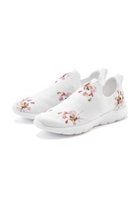White slip-on shoes with textured knit fabric, featuring floral embroidery in pink and green, and a rubber sole for traction.