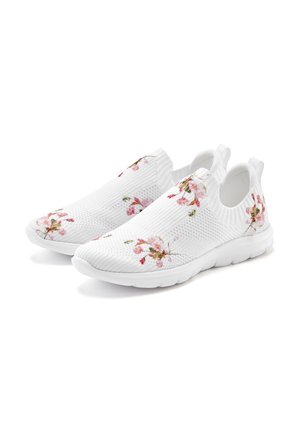 White slip-on shoes with textured knit fabric, featuring floral embroidery in pink and green, and a rubber sole for traction.