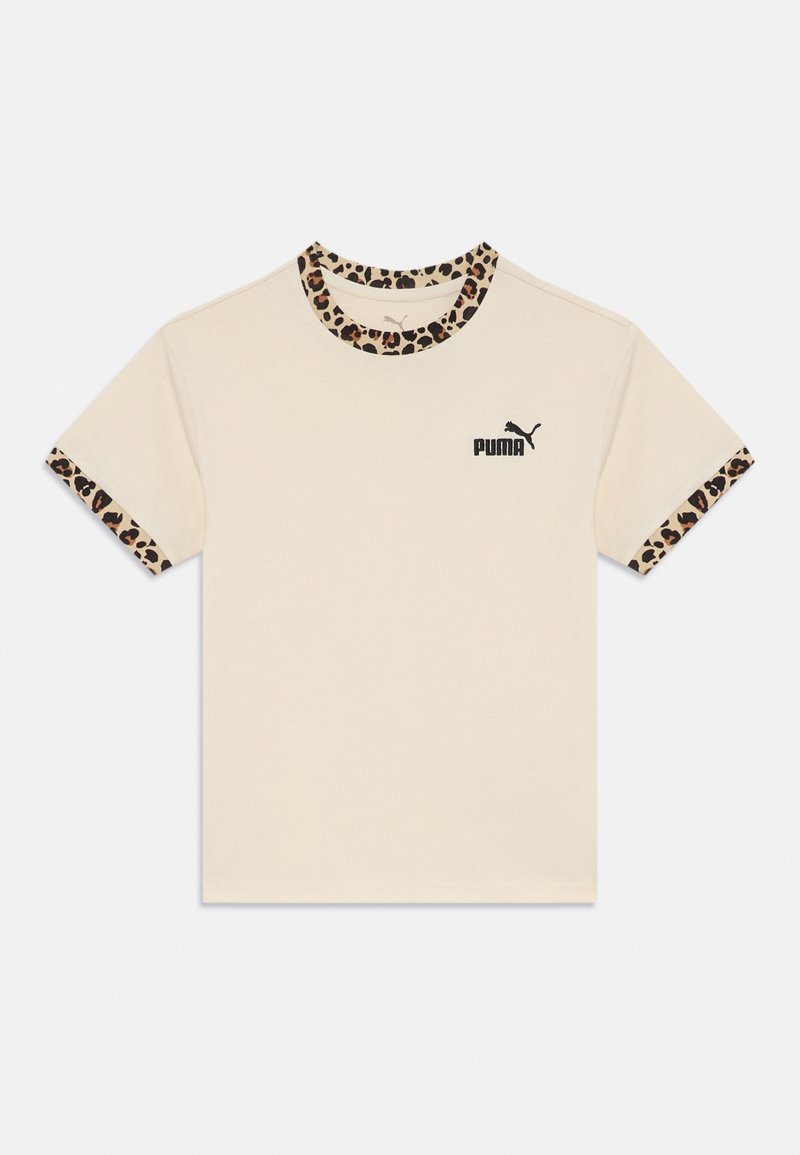 Camiseta beige con cuello redondo y puños de leopardo. Logo negro de Puma en el pecho. Fabricada en material de algodón. Corte regular.