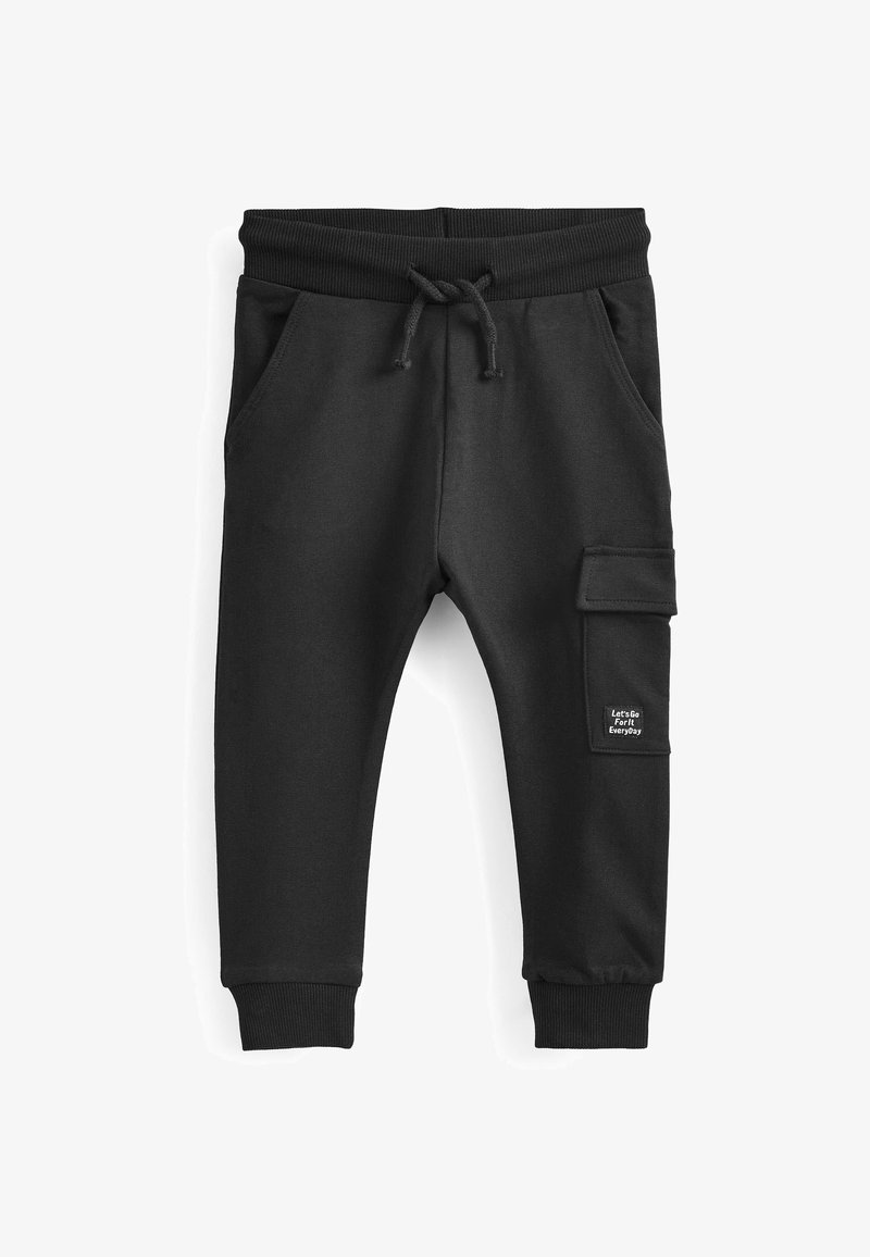 Schwarze Jogginghosen aus weichem Material, mit einem elastischen Bund und Kordelzug, seitlichen Taschen und einer Cargo-Tasche mit Logopatch.