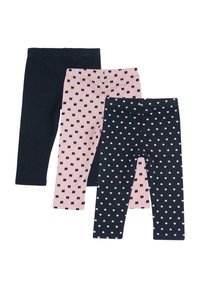 Drie paar leggings: één effen marineblauw, één lichtroze met zwarte strikken en één marineblauw met kleine roze hartjes. Allemaal van rekbare katoen.