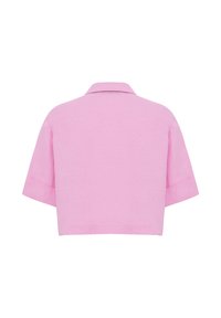 Camicia colletto a maniche corte rosa chiaro con una vestibilità ampia e tessuto a trama, caratterizzata da un design pulito sul retro e senza chiusure visibili.