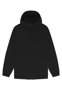 Sort zip-jakke med hætte, der har en glat tekstur, to sidelommer og ribbede manchetter og kant. Minimalistisk design uden synlig branding.