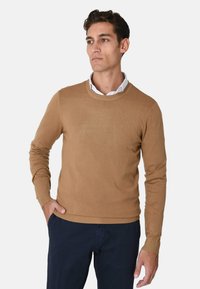 Maglione marrone a maglia con scollo rotondo, maniche lunghe e polsini e orlo a costine. Indossato sopra una camicia bianca con colletto.