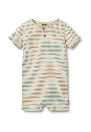 Peto corto beige para bebé con rayas horizontales azules, manga corta, dos botones en la parte delantera y cierres de presión en la parte inferior.