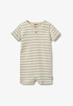 Kort beige babyheldrakt med blå horisontale striper, korte ermer, to knapper foran og trykknapper nederst.