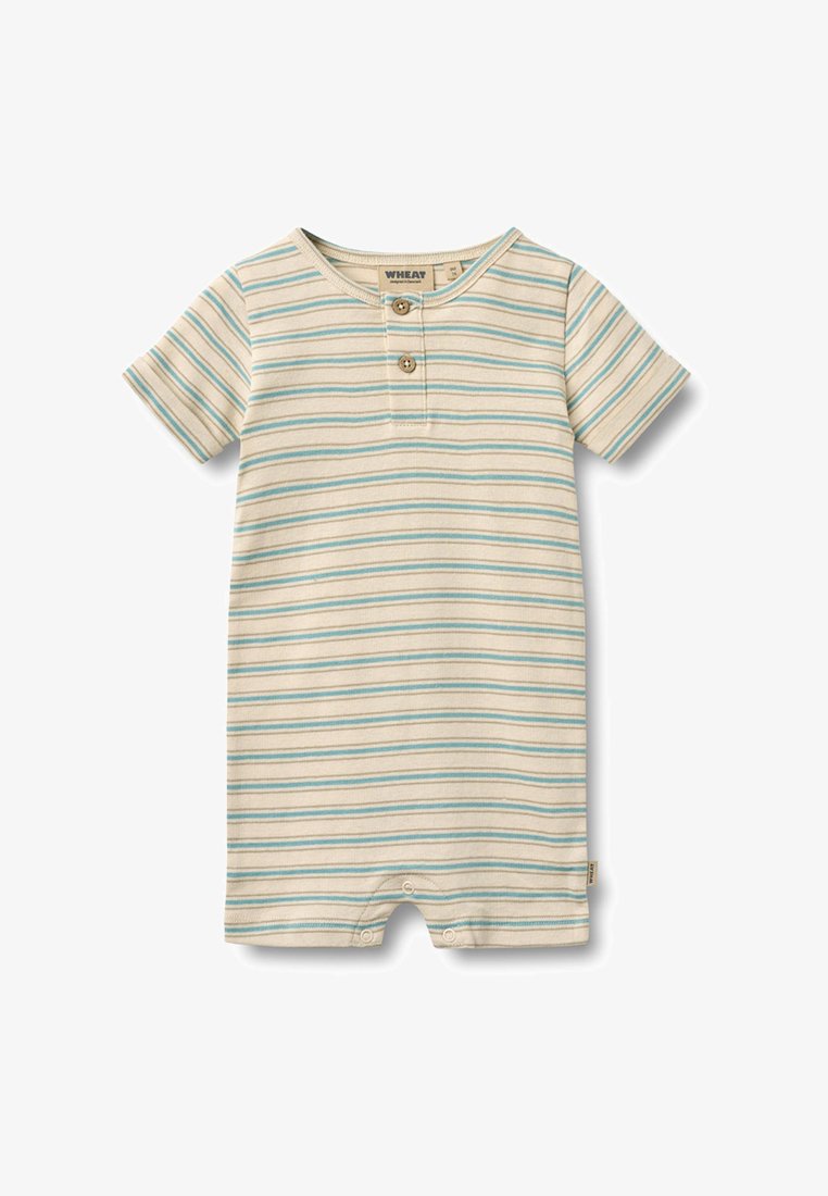 Combinaison beige courte pour bébé avec des rayures horizontales bleues, manches courtes, deux boutons à l'avant et des pressions au bas.