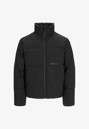 Black puffer jacket featuring a high collar, front zip closure, and quilted design. Smooth fabric with a subtle logo on the chest.