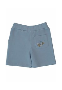 Blå shorts med våfflad textur och bakficka, prydda med broderade bin och texten "alltid sann." Elastisk midja för komfort.