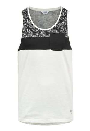 Sleeveless men's tank top with a black floral patterned upper section, white lower section, and a left chest pocket. Cotton material.