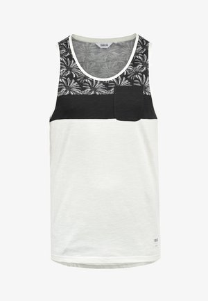 Camiseta sin mangas para hombre con una sección superior de patrón floral negro, sección inferior blanca y un bolsillo en el pecho izquierdo. Material de algodón.
