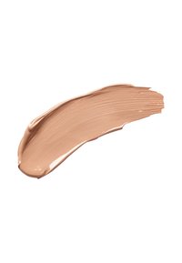 Fondotinta liquido in una tonalità beige cremosa, con una consistenza liscia e una leggera lucentezza. Applicato a strisce curve con evidenti segni del pennello.