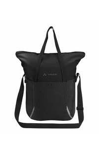 Schwarze Tote-Bag mit strukturiertem Design, ausgestattet mit einem oberen Griff, verstellbarem Schulterriemen und einer Kombination aus glatten und strukturierten Materialien.