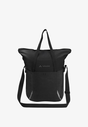 Sac fourre-tout noir au design structuré, doté d'une poignée supérieure, d'une bandoulière réglable et d'un mélange de matériaux lisses et texturés.