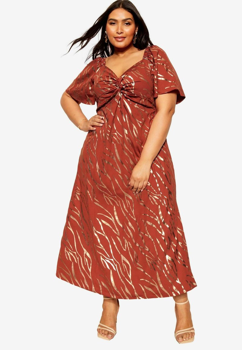 Curves Like These TWIST FRONT FLUTTER SLEEVE METALLIC  REGULAR FIT - Maxikjoler - brown