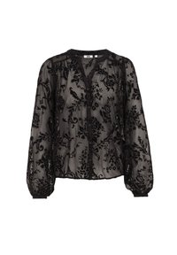 Blusa nera trasparente con ricami floreali, maniche lunghe a palloncino, scollatura a V e chiusura con bottoni. Tessuto leggero e testurizzato con motivo floreale.