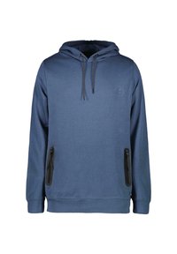 Blauwe hoodie van zachte stof, met een kangoeroezak, zwarte ritszakken aan de zijkant en een logo op de borst. Kap met trekkoord.