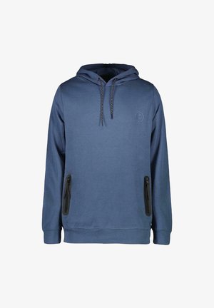 Blauwe hoodie van zachte stof, met een kangoeroezak, zwarte ritszakken aan de zijkant en een logo op de borst. Kap met trekkoord.