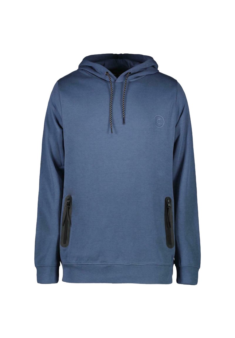 Blauwe hoodie van zachte stof, met een kangoeroezak, zwarte ritszakken aan de zijkant en een logo op de borst. Kap met trekkoord.