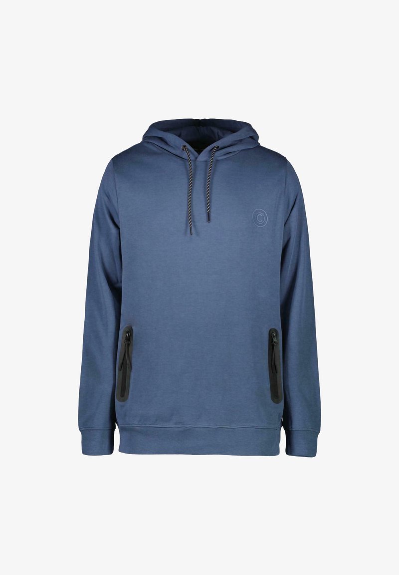 Blauwe hoodie van zachte stof, met een kangoeroezak, zwarte ritszakken aan de zijkant en een logo op de borst. Kap met trekkoord.