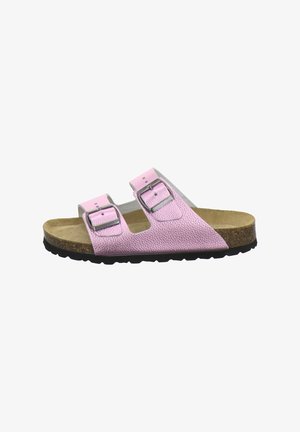 Pinkfarbene Ledersandale mit zwei verstellbaren silbernen Schnallen, Korkfußbett und schwarzer Gummisohle, seitlich auf weißem Hintergrund dargestellt.