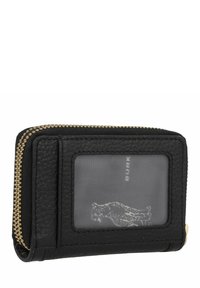 Portafoglio in pelle nera con chiusura a zip, finitura testurizzata, finestra trasparente anteriore e dettagli in metallo dorato.