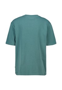 Teal cotton t-paita, jossa on lyhyet hihat, pyöreä kaula-aukko ja rento istuvuus. Pehmeä rakenne, eikä näkyviä kuvioita tai grafiikkaa selässä.