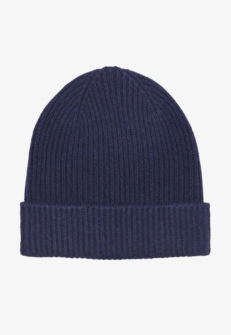 Knitted beanie in dark navy blue, featuring a ribbed texture and a folded brim, made of soft, warm material.