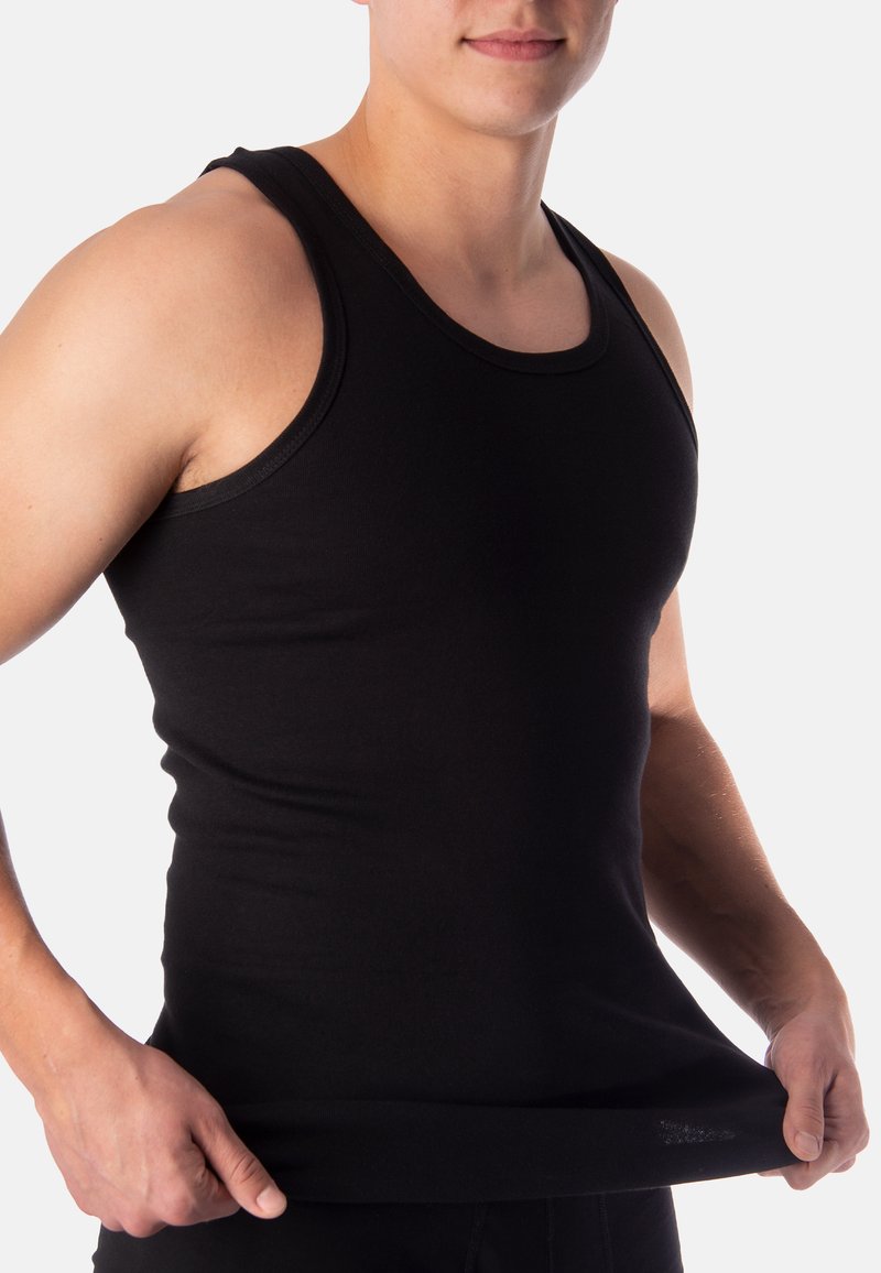 Black cotton tank top with a fitted design and wide straps, featuring a smooth texture and a classic crew neckline.